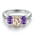 thumbnail image 3 of Gem Stone King 925 Sterling Silver Peach Morganite and Purple Amethyst Filigree Style 3 Stone Ring for Women (1.90 Cttw, Oval 8X6MM and 6X4MM) (Size 8), 3 of 6