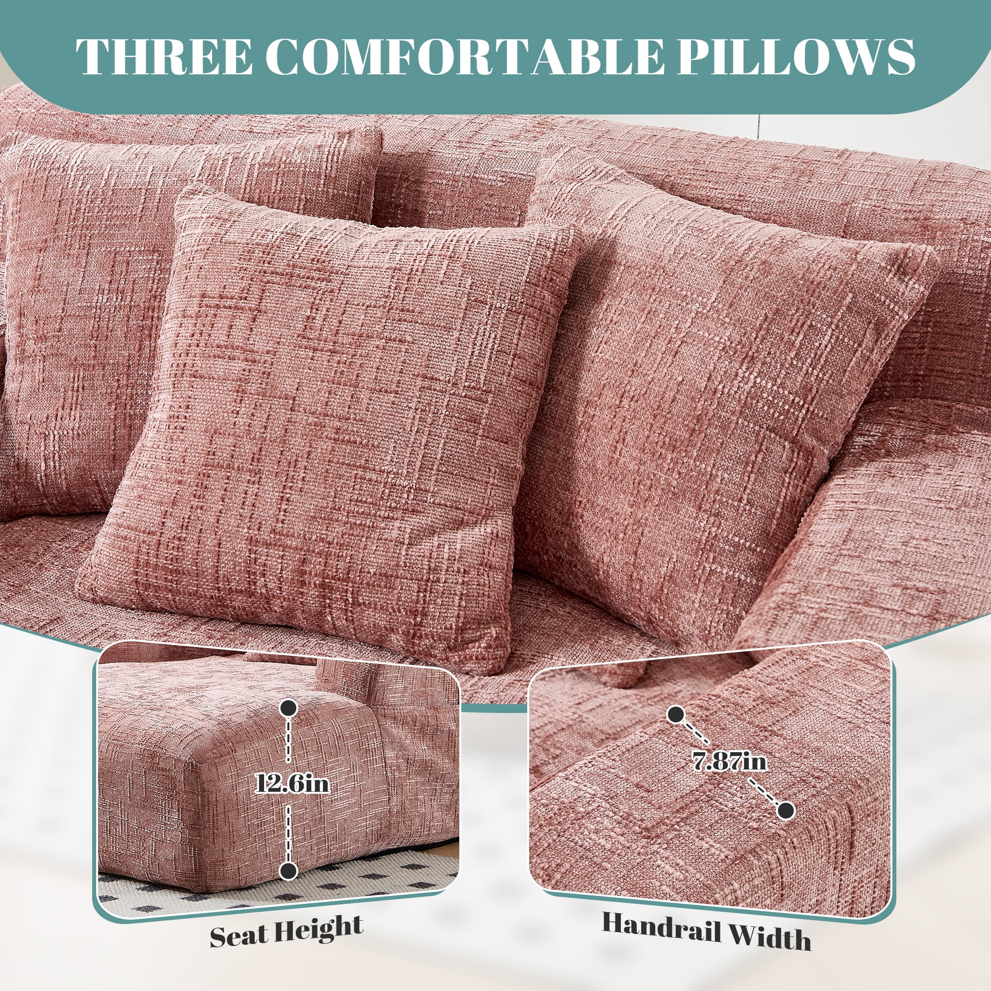 MOONMISS Chenille Upholstered Deep Seat Bean Bag Lazy Sleeping Sofa Chair with Three Pillows and Side Pocket-Pink