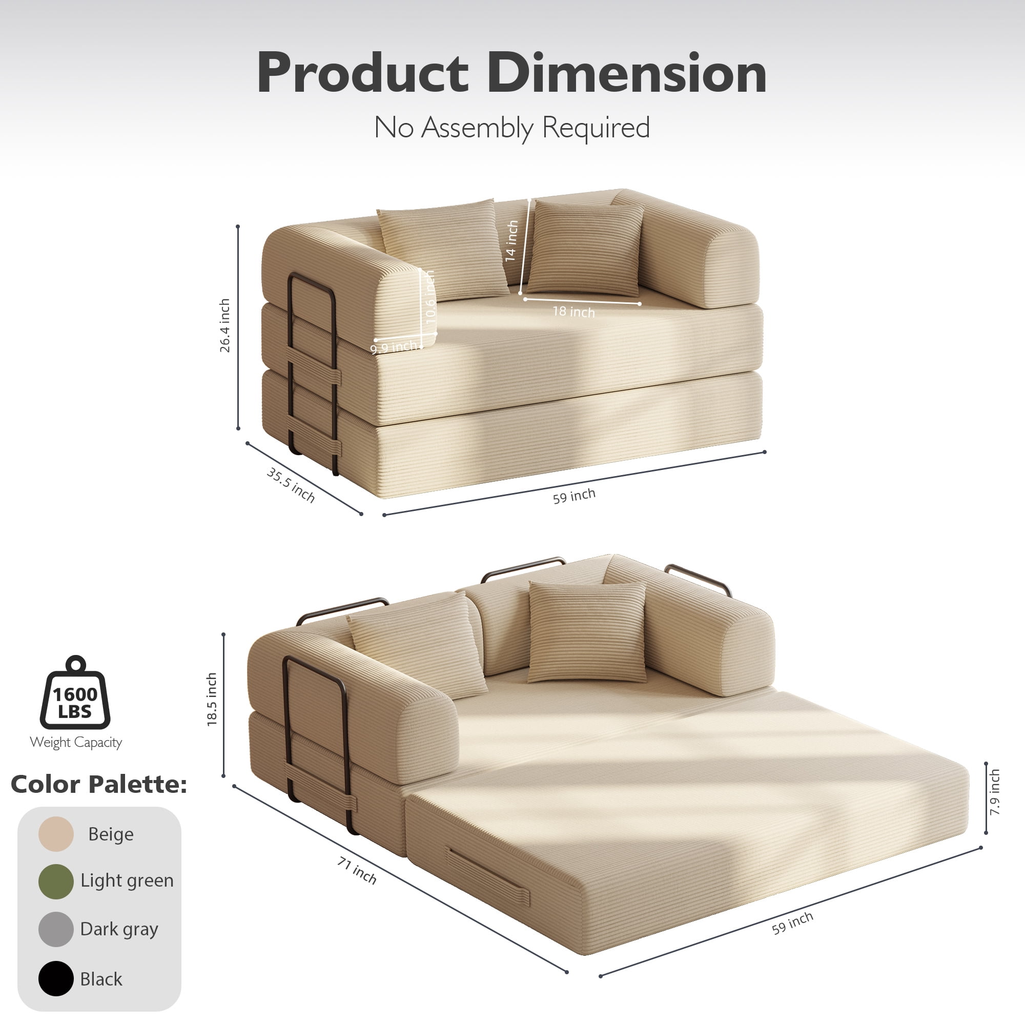 59in Convertible Sofa Bed Corduroy Boneless Couch Bed Foldable Sofa Bed Pull Out Bed Futon Sleeper Sofa No Assembly