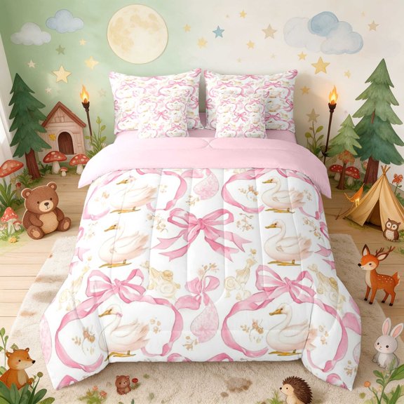 Erosebridal Swan Twin Bedding for Girls, Pink Ribbons Bedding Comforter Set, Pink Reversible 7pcs