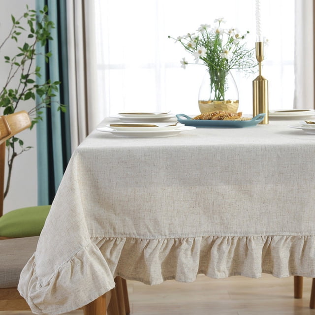 Mantel de tela de algodón y lino con borde de loto simple para comedor, mantel de lino para mesa de centro