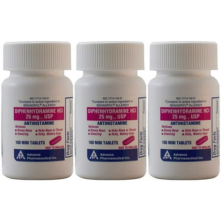 Diphenhydramine 25 mg Generic Benadryl Allergy Medicine and Antihistamine 100 Minitabs per Bottle PACK of (Best Otc Medicine For Sore Throat And Runny Nose)
