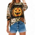 thumbnail image 5 of Women Fall Patchwork Pumpkin Print Crewneck Sweatshirt Autumn Maple Leaf Long Sleeve Shirt Cozy Pullover, 5 of 7