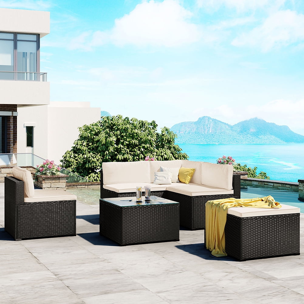 Private Jungle 6-Piece Outdoor Furniture Set with PE Rattan Wicker, Patio Garden Sectional Sofa Chair, Removable Cushions (Black Wicker, Beige Cushion) Private Jungle 6-Piece Outdoor Furniture Set with PE Rattan Wicker, Patio Garden Sectional Sofa Chair, Removable Cushions (Black Wicker, Beige Cushion)