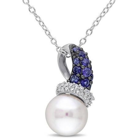 Tangelo 8-8.5mm White Round Cultured Freshwater Pearl with 2/5 Carat T.G.W. Created Blue Sapphire and Diamond-Accent Sterling Silver Fashion Pendant, 18