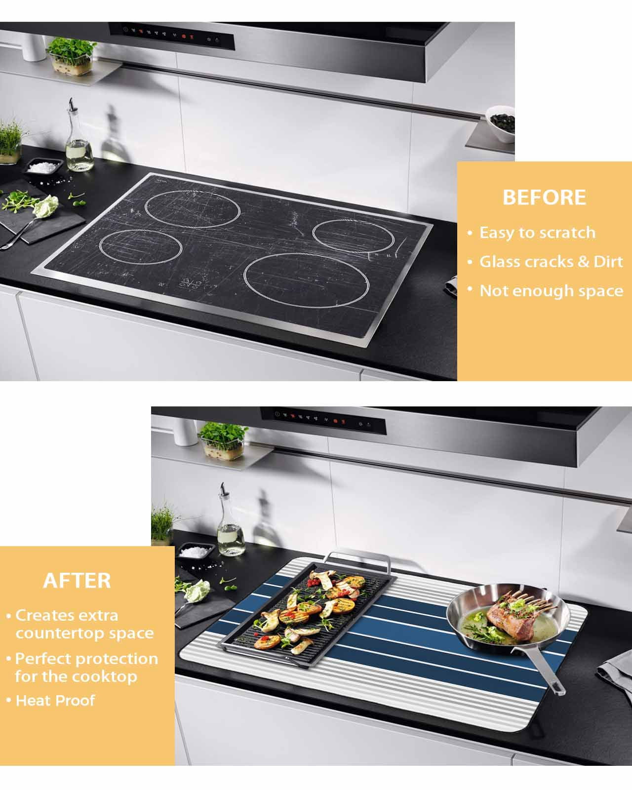 nqOlkjepod Large Induction Cooktop Protector Mat 24"x21", Lake Blue Stripes Stove Top Covers for Electric Stove, Modern Minimalist Gradient Lines Stove Burner Cover Mats, Glass Top Stove Cover