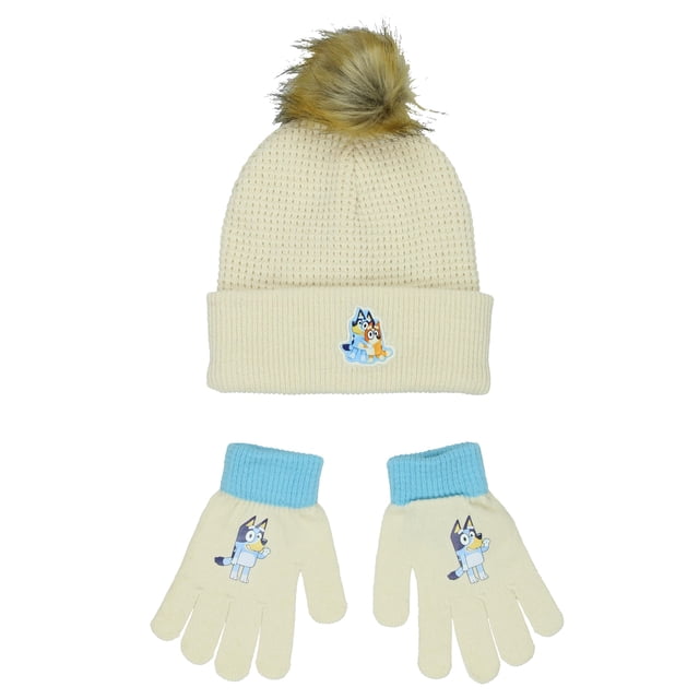 Set de Gorro de Punto Blanco con Pompones y Guantes para Niños Grandes Bluey