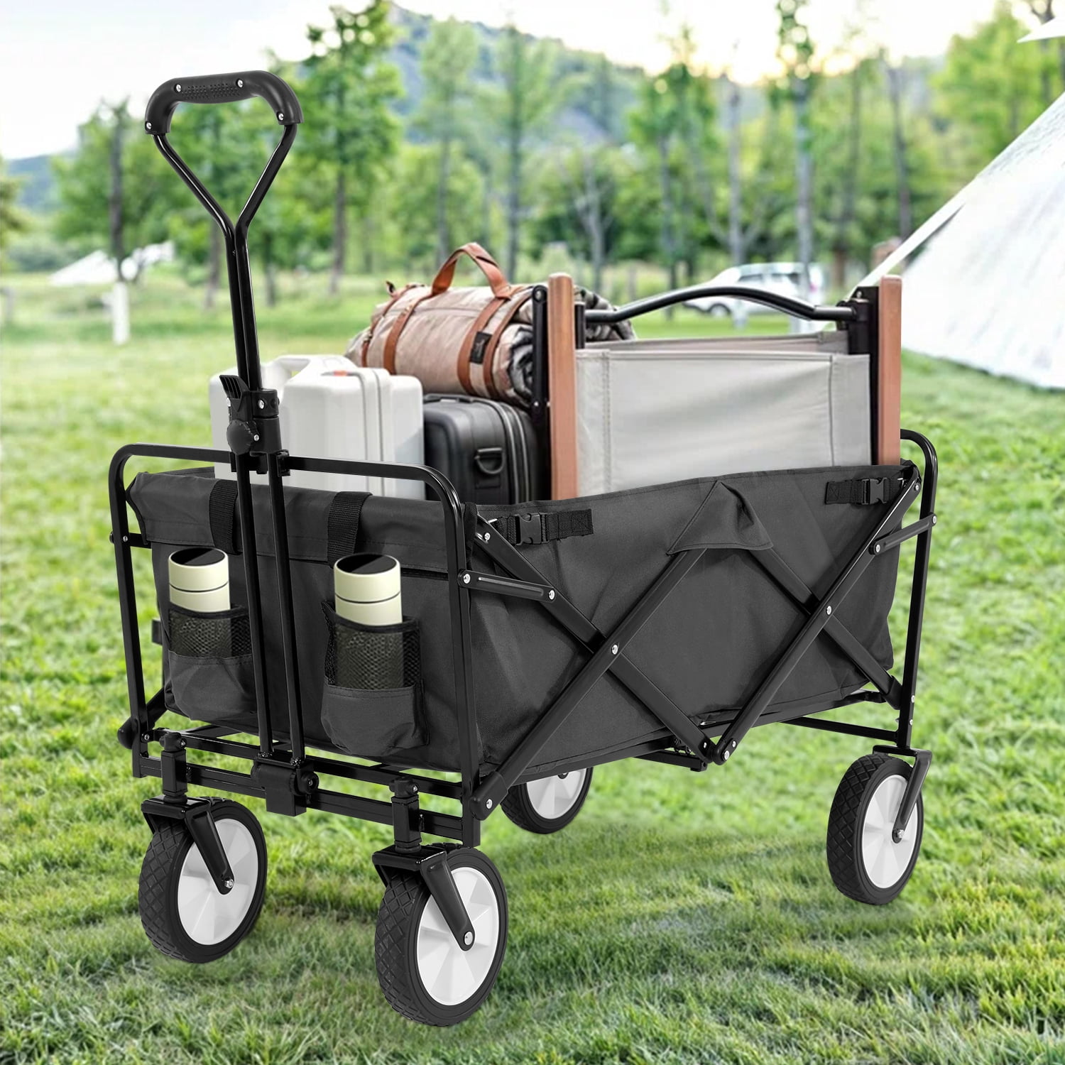 Collapsible Wagon Cart Folding Wagon Heavy Duty Utility Beach Wagon Portable Foldable Garden Cart with All-Terrain Wheels& Adjustable Handle , Grey