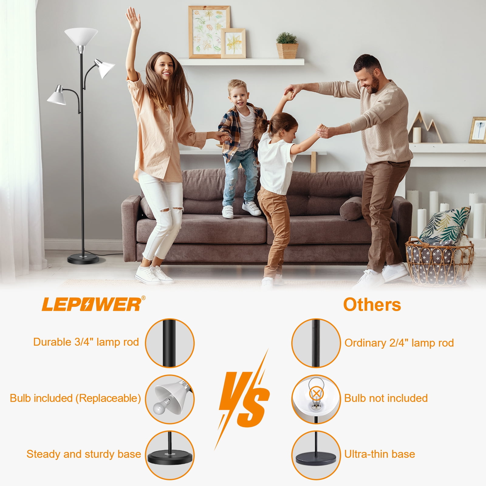 LEPOWER 3-Head LED Floor Lamp with Adjustable Reading Lights, 3000K Warm White, Modern Standing Lamp for Living Room, Bedroom, Office, Black
