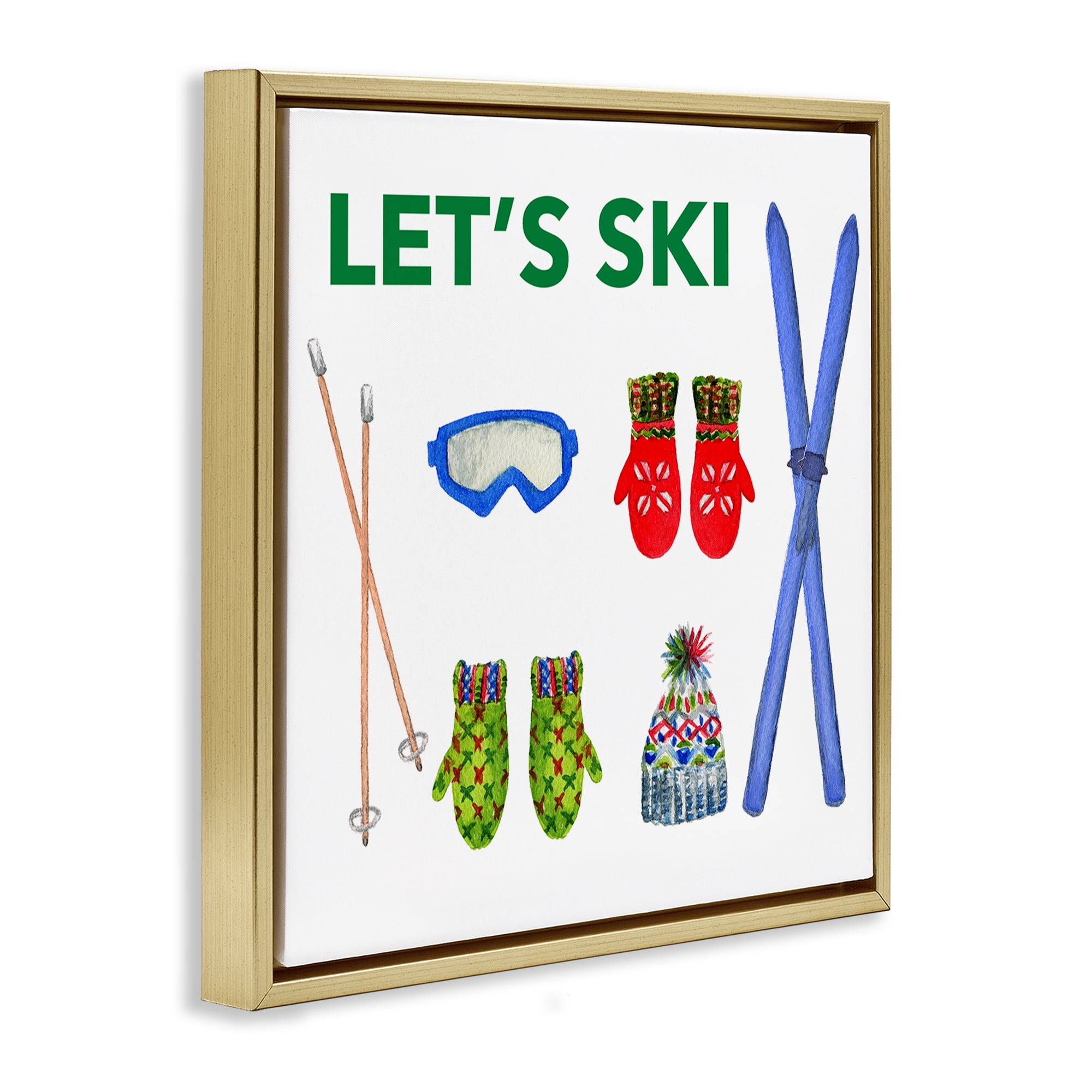 Stupell Industries Let's Ski on White Sports Painting Gold Floater Framed Canvas Art Prints Wall Art, 18 x 18