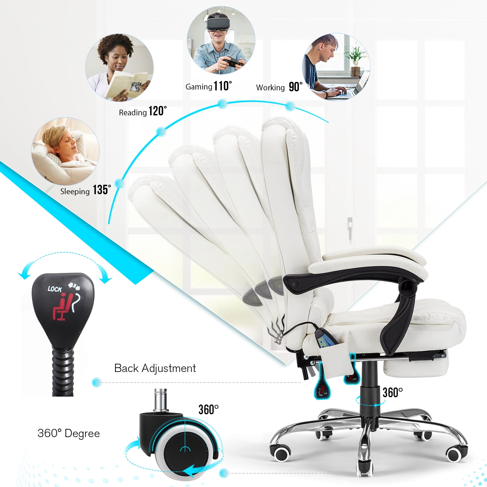 YODOLLA High Back Office Chair Heat & Massage Ergonomic Reclining Desk Chair with Retractable Footrest Executive Swivel Leather Chair for Office,Home,Study,Cream White