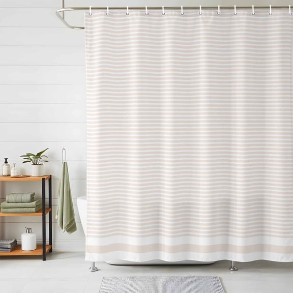 Shower Curtains for Bathroom, Farmhouse Beige White Striped Waterproof Fabric Shower Curtain, Modern Stripes Decorative Bathroom Curtain for Bathtub, 36"x72", No Hooks Included