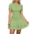 thumbnail image 2 of QSXADF Women One Shoulder Dress Summer Hem Mini Dress A Line Dress Short Sleeve Slim Short Mini Solid Ruched Ruffle Daily Casual Everyday Summer Dress For Women, 2 of 5