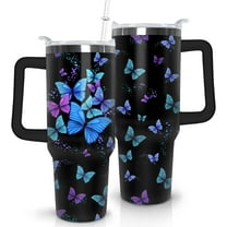 Butterfly Tumbler With Lid, Straw and Handle - 40oz Stainless Steel Travel Coffee Mug Water Bottle - Gift Cup for Women and Girls