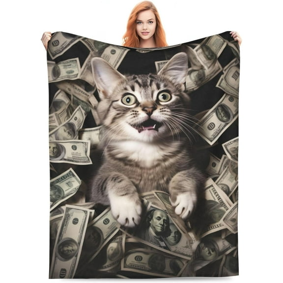 Funny Cat Money Blanket 100 Dollar Bills Pattern Print Cat Gifts for Women Kids Girls Men Birthday for Dad Mom Wife Teens Bed Decor Throw Kitty Blankets 50x60 Inch