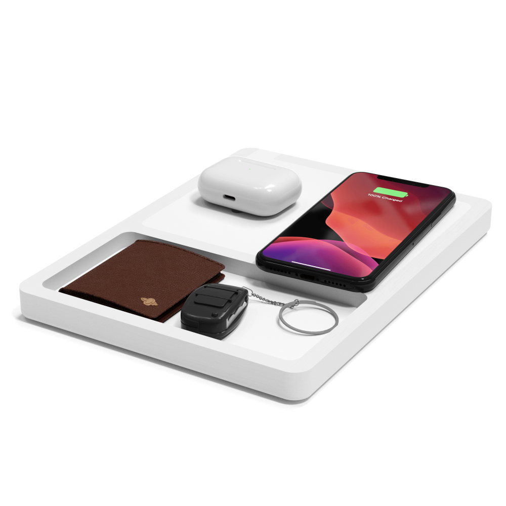 NytStnd DUBL TRAY Wireless Qi Fast Charging Station 2in1, White Top White Wood Base, Amish