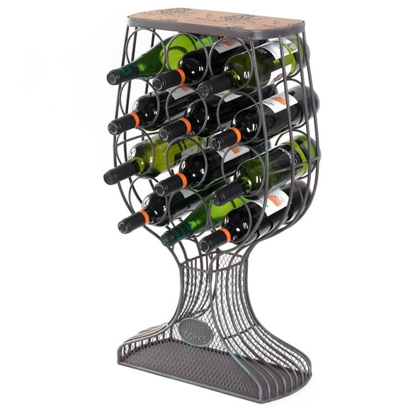 Freestanding Floor Wine Rack with Wooden and Metal Goblet Design - Holds 12 Bottles and Includes Wine Cork Holder - Stylish Bar Organizer for Home, Kitchen, Dining Area and Living Room Décor