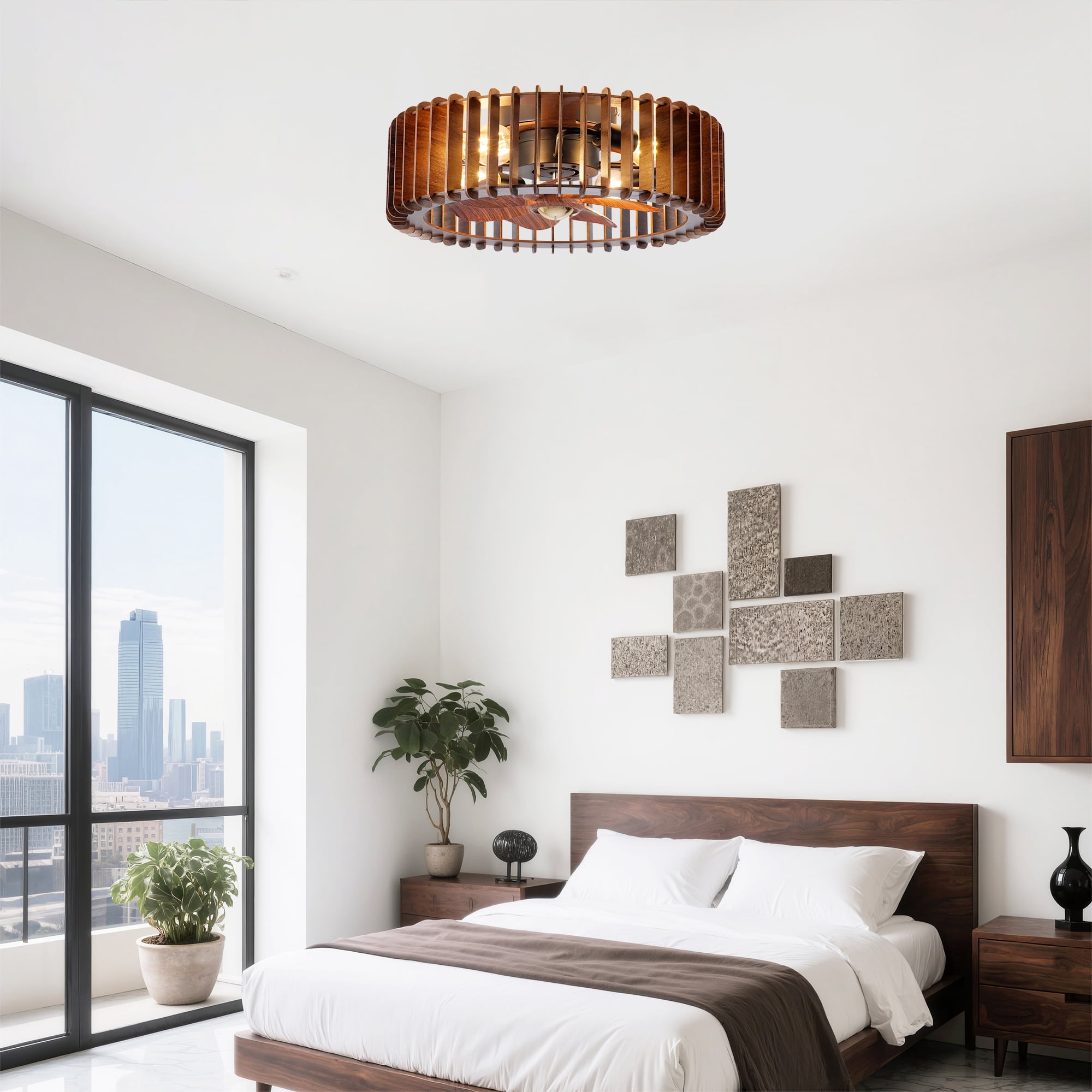 20" Modern Flush Mount Fan Light,Ceiling Fans with Lights and Remote Control, 6 Speeds, Quiet DC Motor For Living Room, Bedroom, Kitchen, Wood (No Included Bulbs)