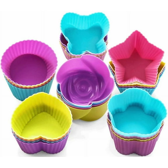 Artrylin Silicone Cupcake Liners, Artrylin 24 Pcs Reusable Silicone Baking Cups Nonstick Muffin Molds for Cake Balls, Muffins, Cupcakes and Candies, Assorted Bright Colors,4 shapes