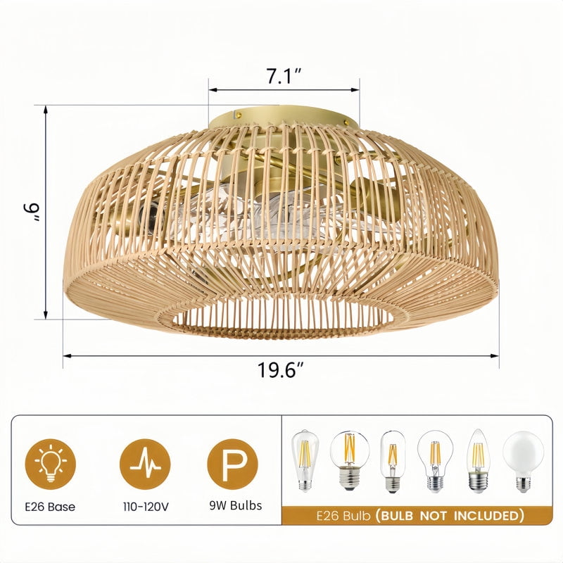 Maxax 20" Boho Caged Ceiling Fan with Lights, Flush Mount Rattan Ceiling Fan with Lights and Remote, Enclosed Boho Ceiling Fan with 6 Speeds for Living Room, Bedroom, Dining Room