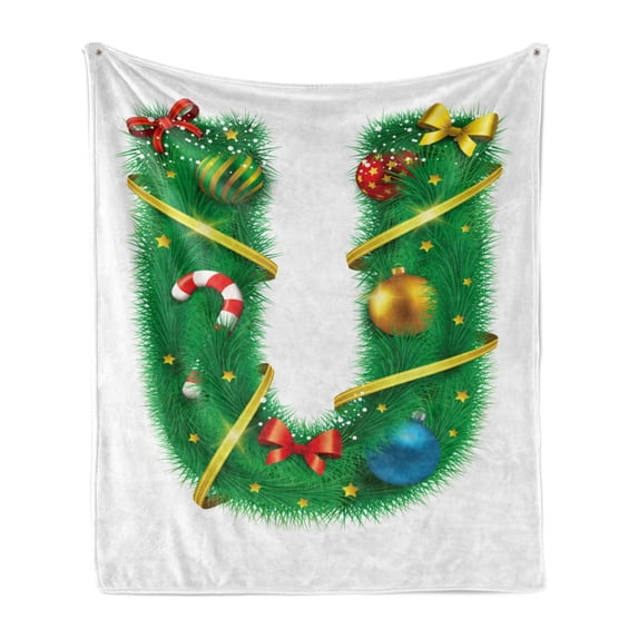 Christmas Alphabet Soft Flannel Fleece Blanket, U Lettering with New Years Eve Ornaments Pattern on Plain Backdrop, Cozy Plush for Indoor and Outdoor Use, 50" x 70", White and Green, by Ambesonne