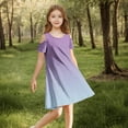 thumbnail image 4 of snilers Girls Summer Dress Short Sleeve Cold Shoulder Crew Neck Swing Gradient Dresses Beach Vacation Sundress with Pockets Size 3-14 Years, 4 of 8