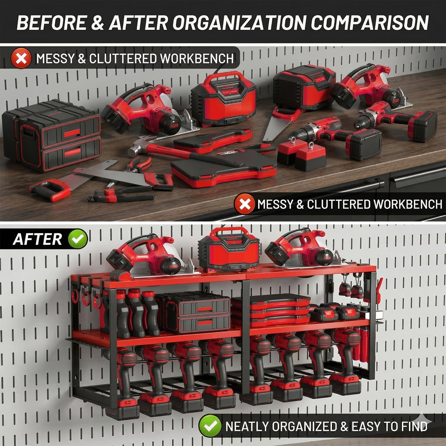 Birodeko Power Tool Organizer Wall Mount, 3-Layer Heavy Duty Garage Storage Rack with 8 Drill Holder Slots & Side Hooks (Red)