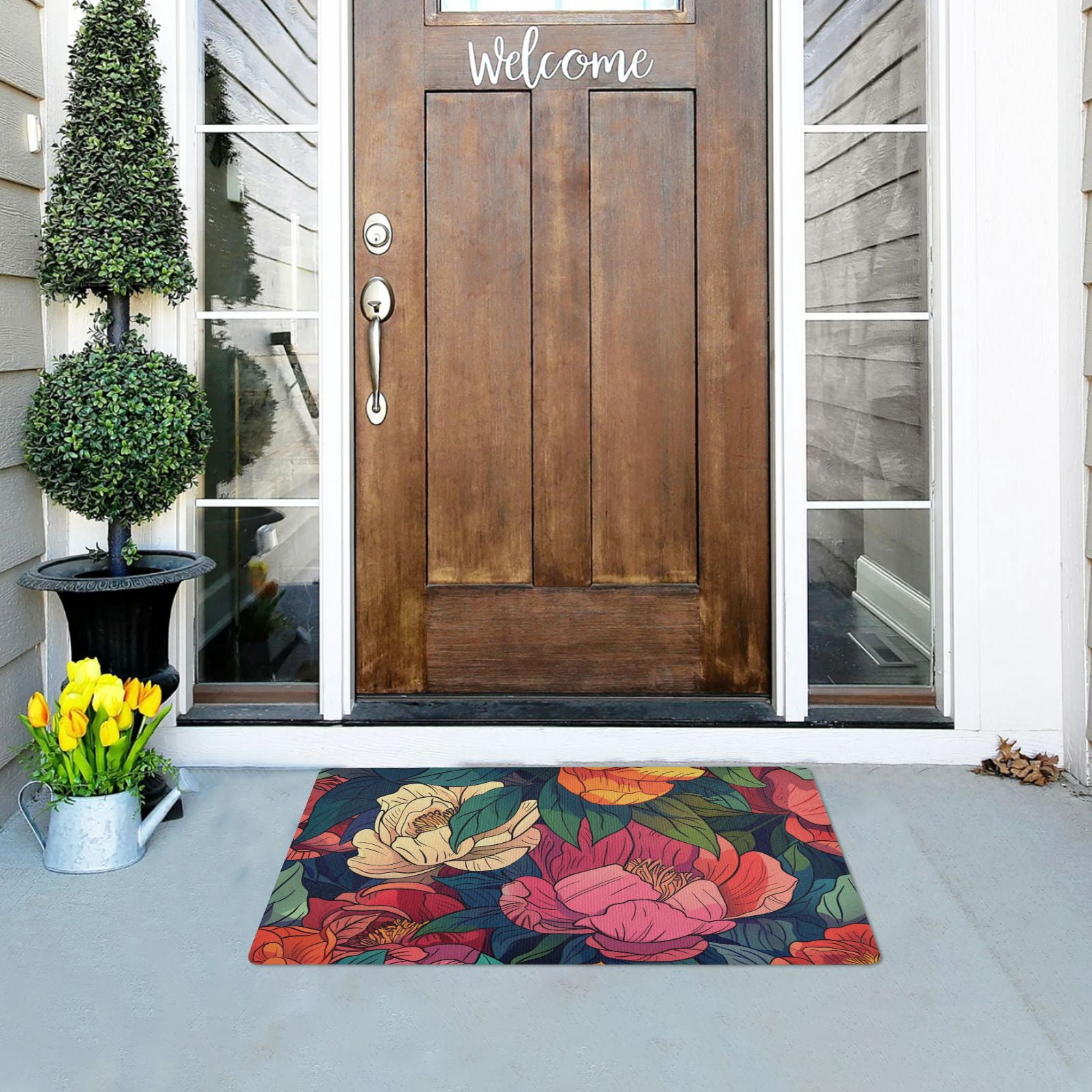 JSTEL Colorful Peony Floral Front Door Mat Outside Entrance 32x20 Inch Doormat for Outdoor Indoor Washable Non Slip Floor Mats