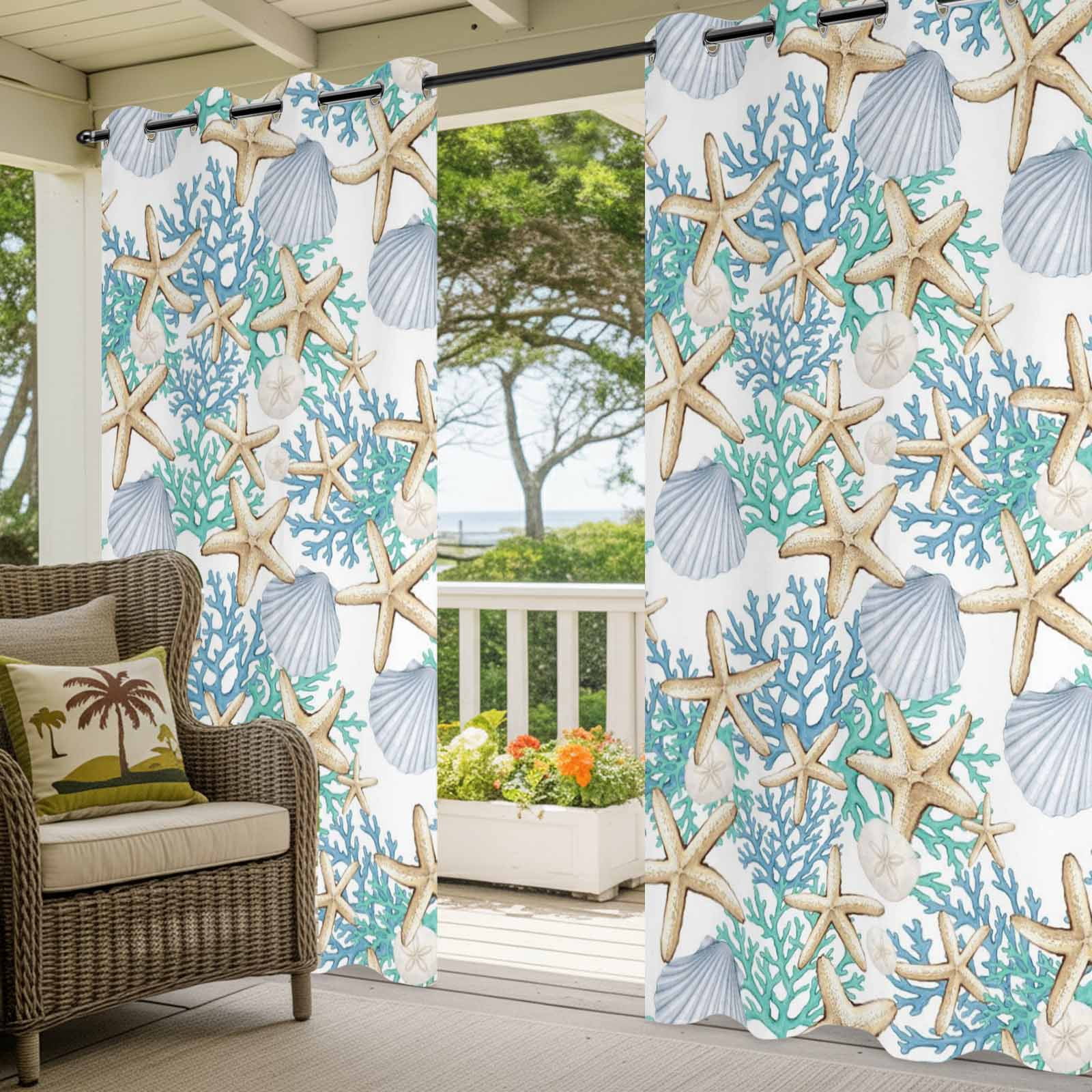 Seashell Starfish Outdoor Curtains for Patio, Coastal Green Blue Coral Sand Dollars Sunshade Privacy Drapes Grommet Waterproof Outside Curtains for Porch/Cabana/Balcony 54"x 95", 2 Panel