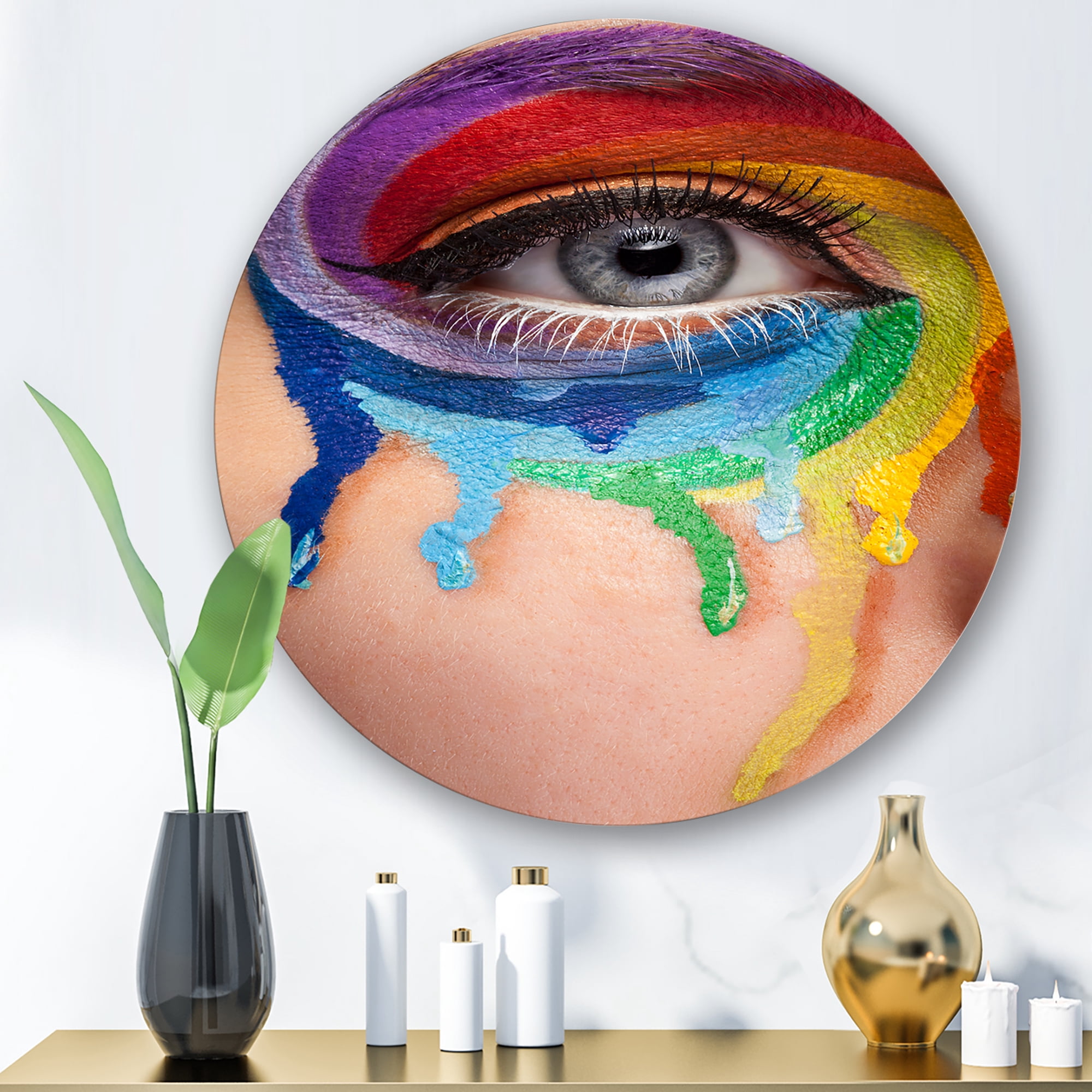 Designart 'Close Up Eye With Colourful Cry In A Wheel Arround' Modern Circle Metal Wall Art 11x11 - Disc of 11