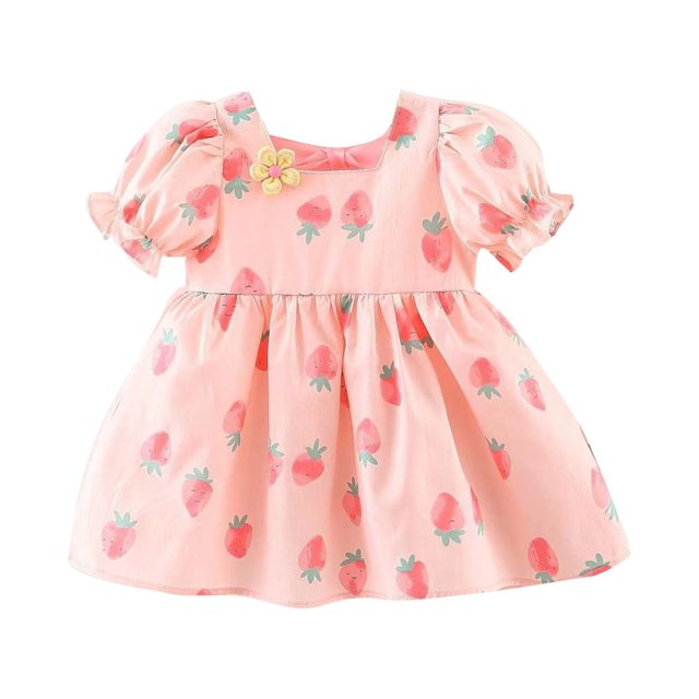 Icvfdpl Robes de Demoiselle d'Honneur Jupe à Bretelles à Volants Imprimé Fraise Princesse Vacances Usage Quotidien Robe d'Été Rouge Coton 3-4 Ans