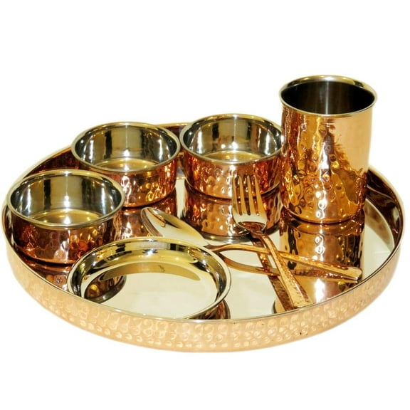 Copper Steel Hammered Dinner Set - Solid Hand Made Kitchen Ware - Dinnerware Gifting Purposes Heavy Weight Dinner Set Of 8 - 1 Thali  3 Bowls  1 Halwa Plate   1 Glass  1 Spoon  1 Fork