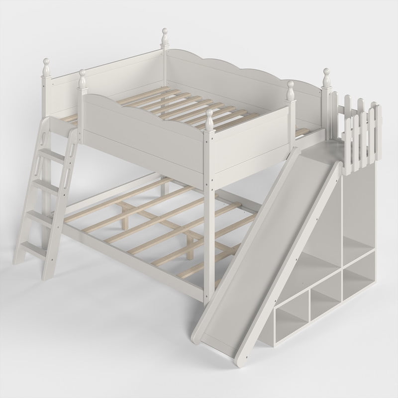 Full-Over-Full Size Kids Bunk Bed with Open Storage Shelves & Small Wardrobe, Wooden Princess Bed Frame with Ladder & Slide