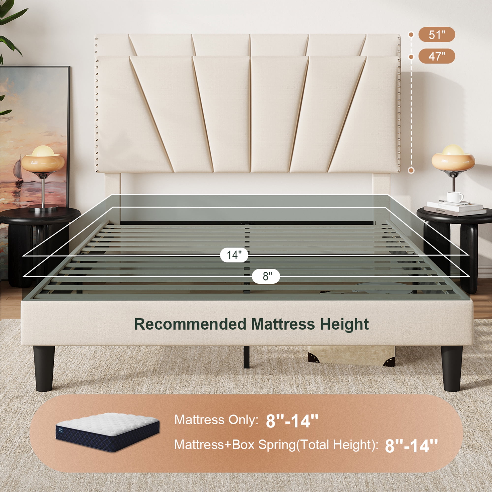 Amolife Full Size Platform Bed Frame with Adjustable Velvet Upholstered Headboard, Cream
