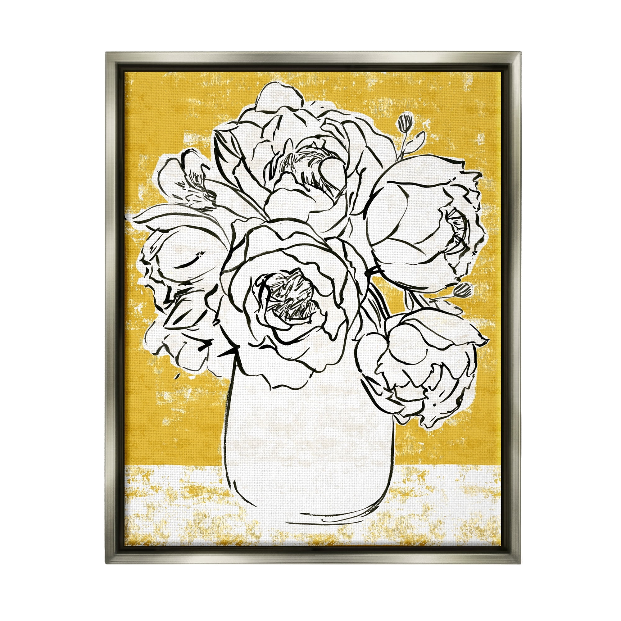 Stupell Industries Peony Sketch Bouquet Contrasted Distressed Yellow Luster Gray Framed Floating Canvas Wall Art, 24x30, by Annie Warren
