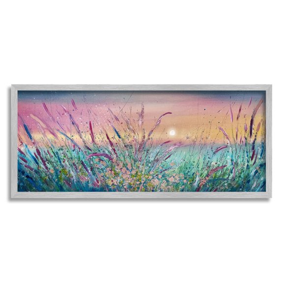 Sunset Sky Pond Reeds Sprouting Landscape Painting Gray Framed Art Print Wall Art