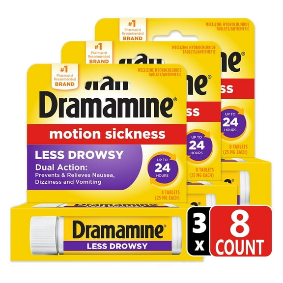 Dramamine All Day Less Drowsy, Motion Sickness Relief, 8 Count, 3 Pack