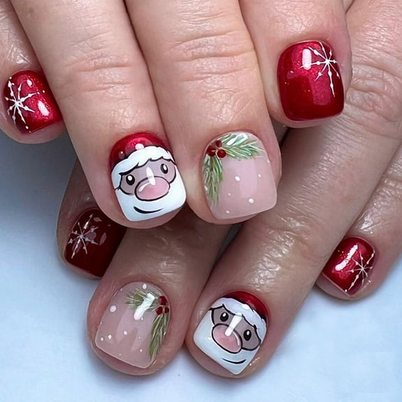 Snowflakes False Nails Christmas Press On Nails Cartoon Santa Claus Acrylic Nails Full Cover Stick on Nails for Women