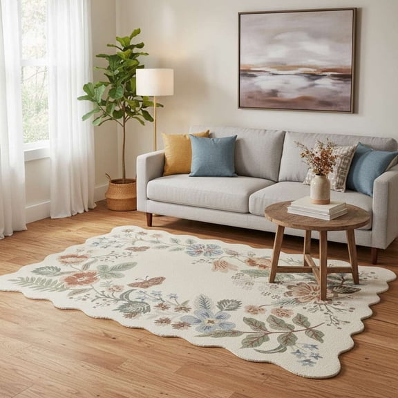 Hand Tufted Floral Wool Area Rug 4×6 ft | Botanical Scalloped Edge Carpet for Living Room & Bedroom | Cream