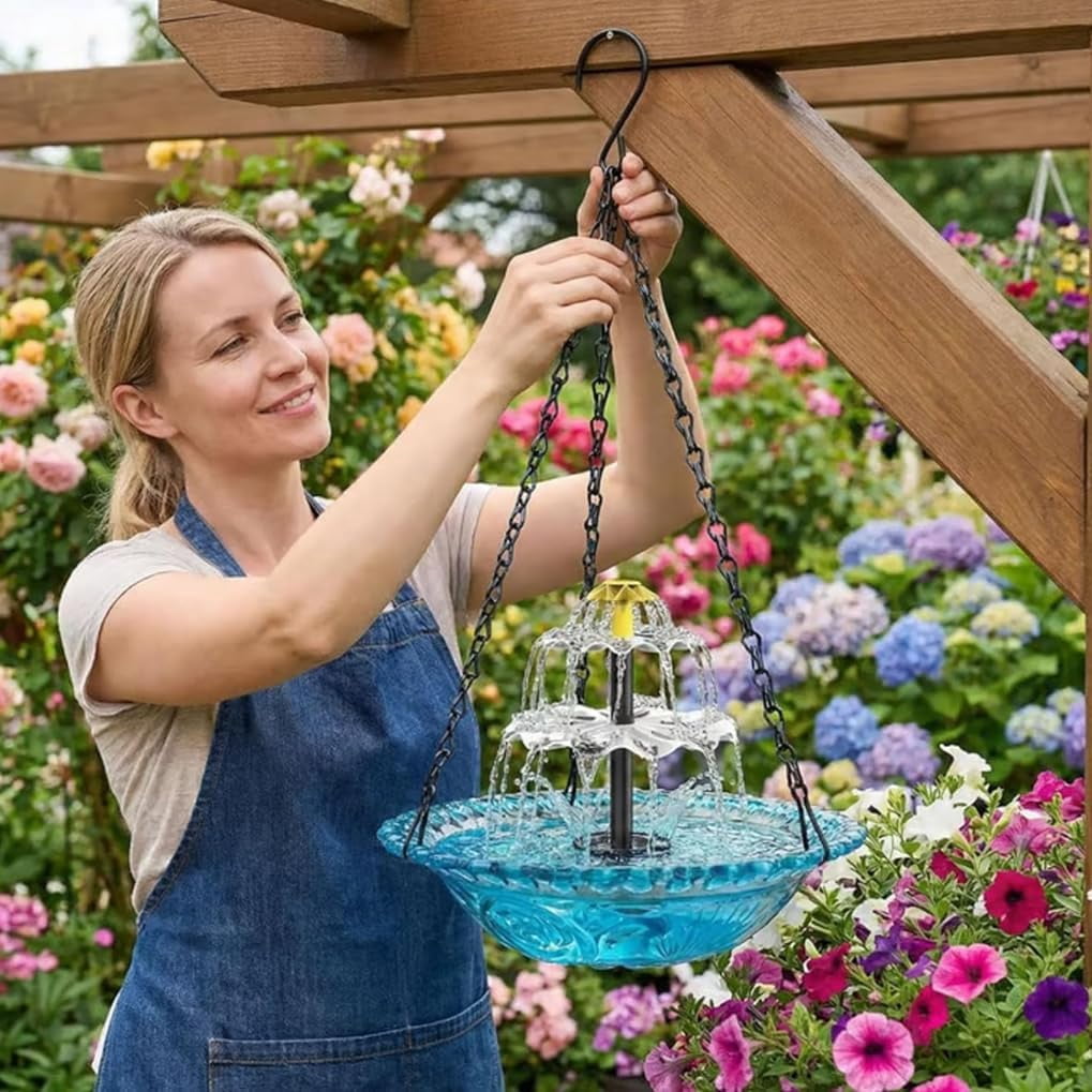 HoliHive Solar Powered Cascading Bird Bath, Cascade Hanging Birdbath Fountain with Flowing Water, Decorative Garden Yard Patio Bird Bath Fountain