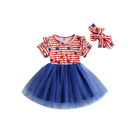 

CenturyX Independence Day Kids Baby Girl Ruffle Dresses Short Sleeve Striped Casual Party Princess Dress Headband