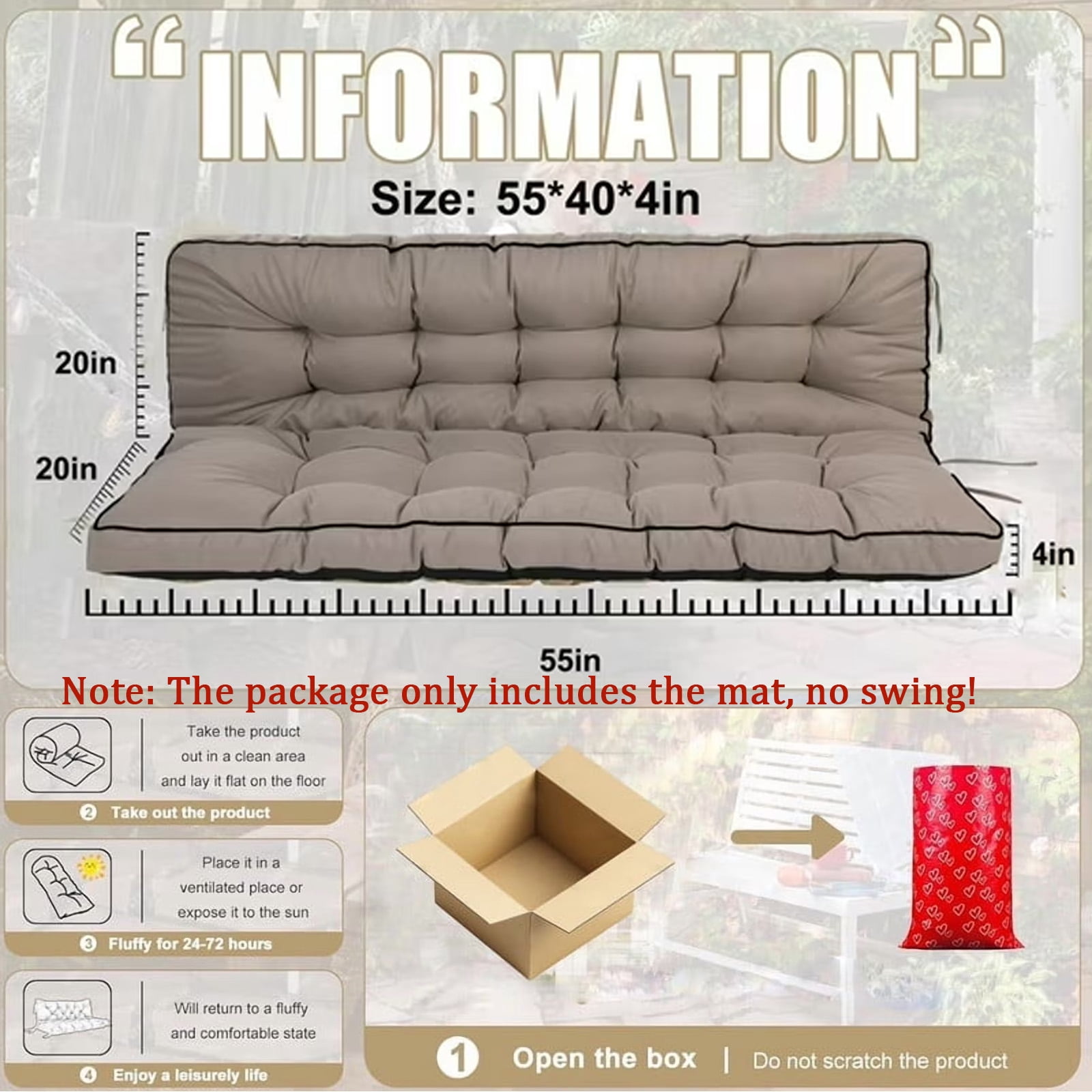 Outdoor Porch Swing Cushions, 4" thick patio swing cushions 3 Seater for outdoor furniture, Waterproof Bench Replacement Cushion with Ties(Khaki-55×40in)