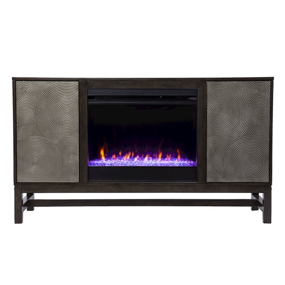 Lannington Color Changing Fireplace with Media Storage in Brown/Antique Silver