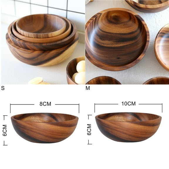 Walbest Household Japanese Style Wooden Round Bowl, Wooden Tableware, Fruit Salad Bowl Plate Dinnerware Basin Container Kitchen Tool
