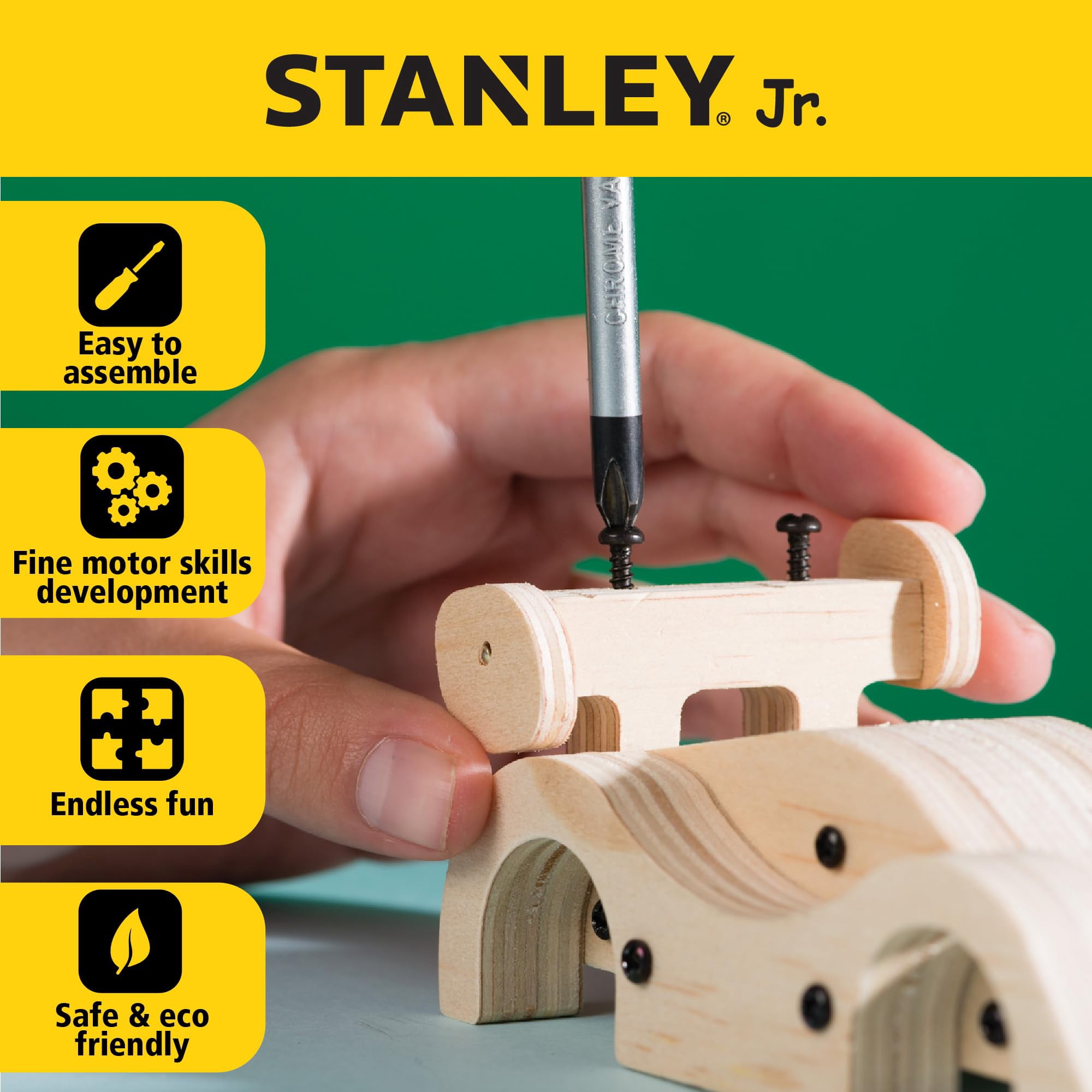 STANLEY Jr. DIY Pull Back Sports Car Building Kit for Kids Wood Racer W/ 5 Pcs Tool Set Beginning Woodworking Set with Paints, Ages 5 to 12