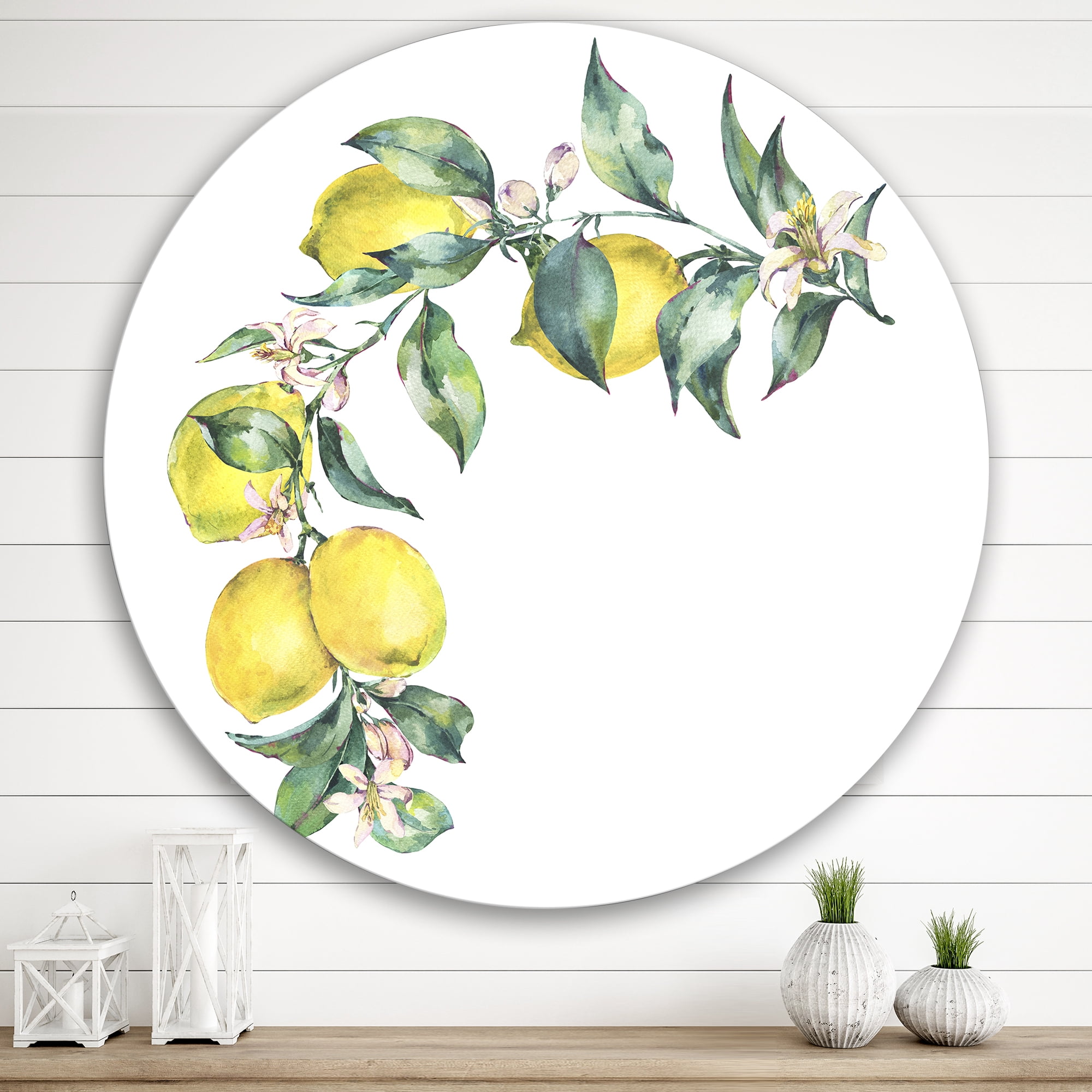 Designart 'Branch of Leaves and Yellow Lemons II' Tropical Circle Metal Wall Art 36x36 - Disc of 36