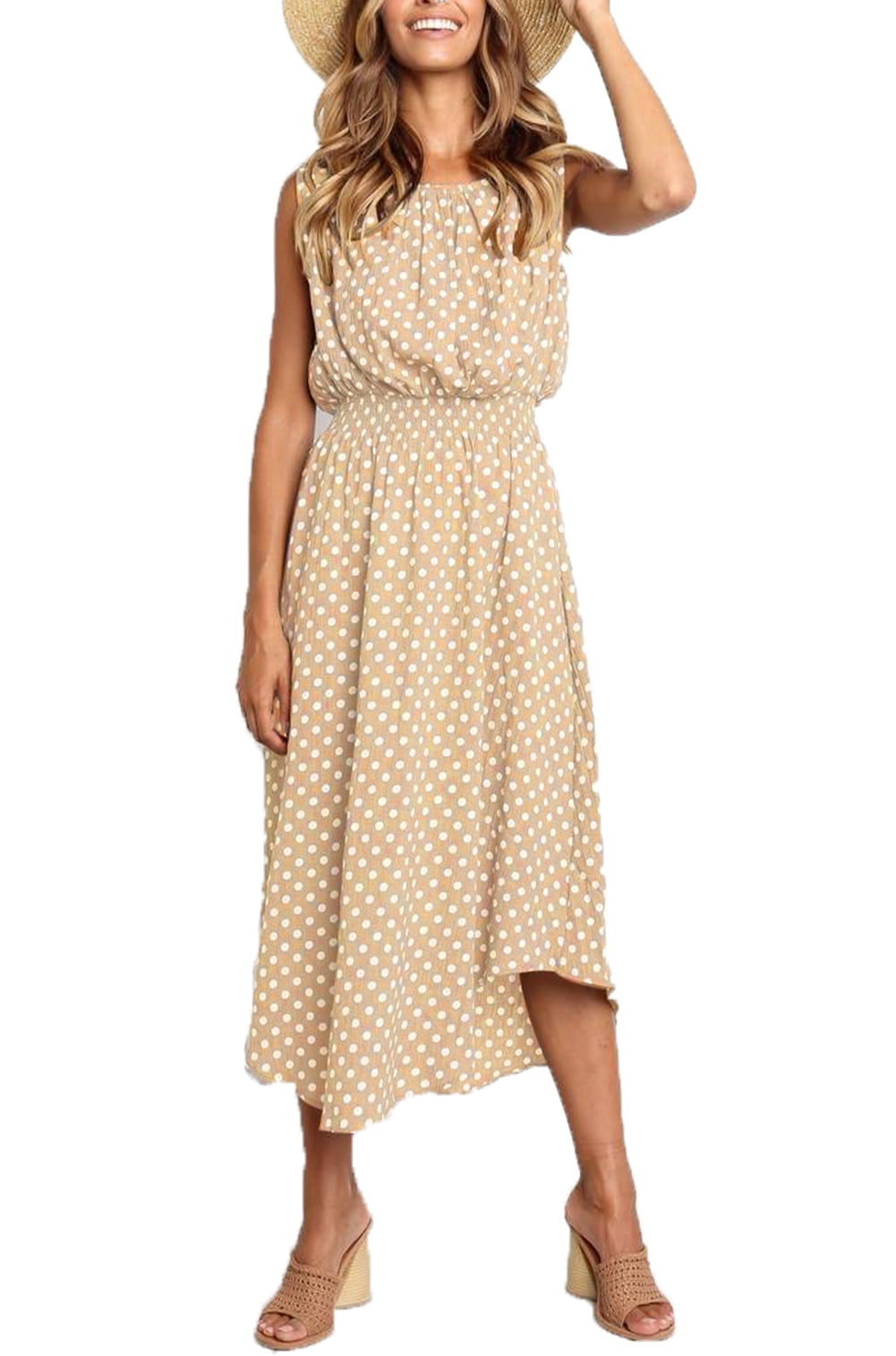 Emmababy Women Summer Holiday Polka Dot Boho Dress Round Neck Sleeveless Loose Swing Casual