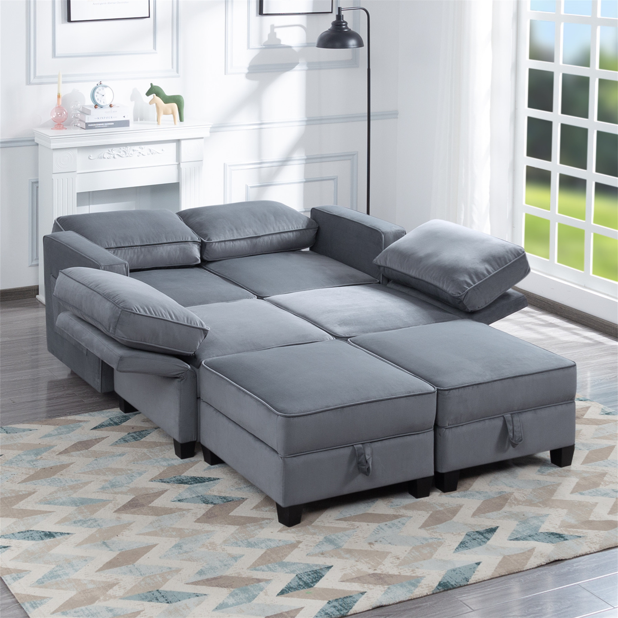 Aukfa 116" Velvet Storage Sectional Couch for Living Room, Modular Sleeper Sofa U-Shaped Sofa, Gray