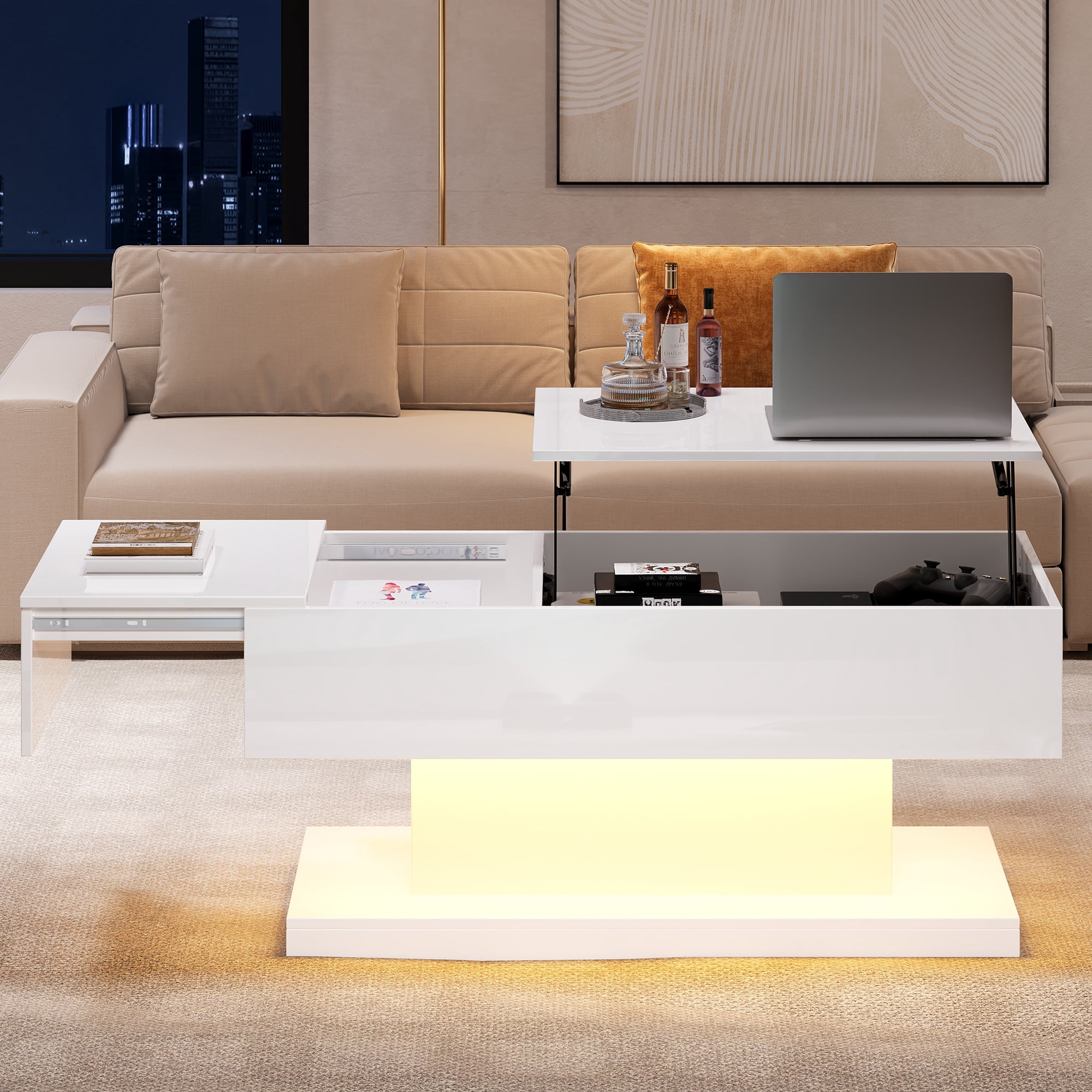 Table basse relevable Noble House, laquée brillante, éclairage DEL, plateau coulissant extensible et mécanisme de levage, blanche