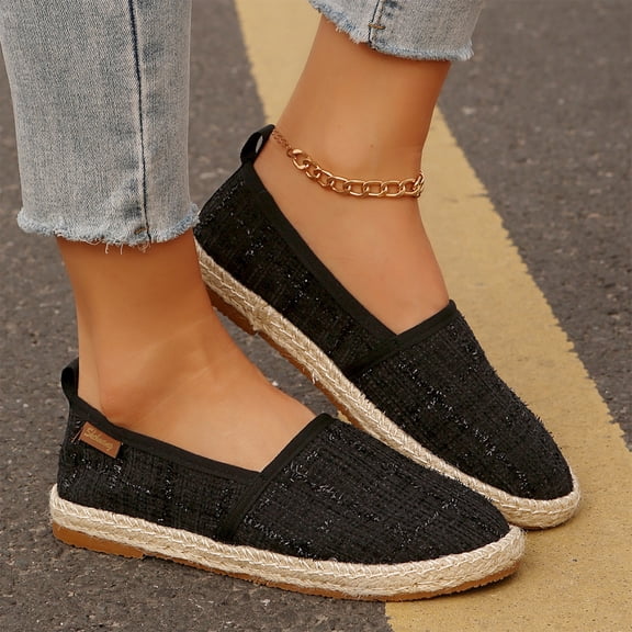 pwidon Women's Espadrille Flats Slip On Closed Toe Textured Glitter Linen Comfort Walking Casual Loafers Black 5.5